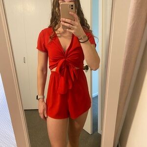 White Fox Red Tie Front Romper